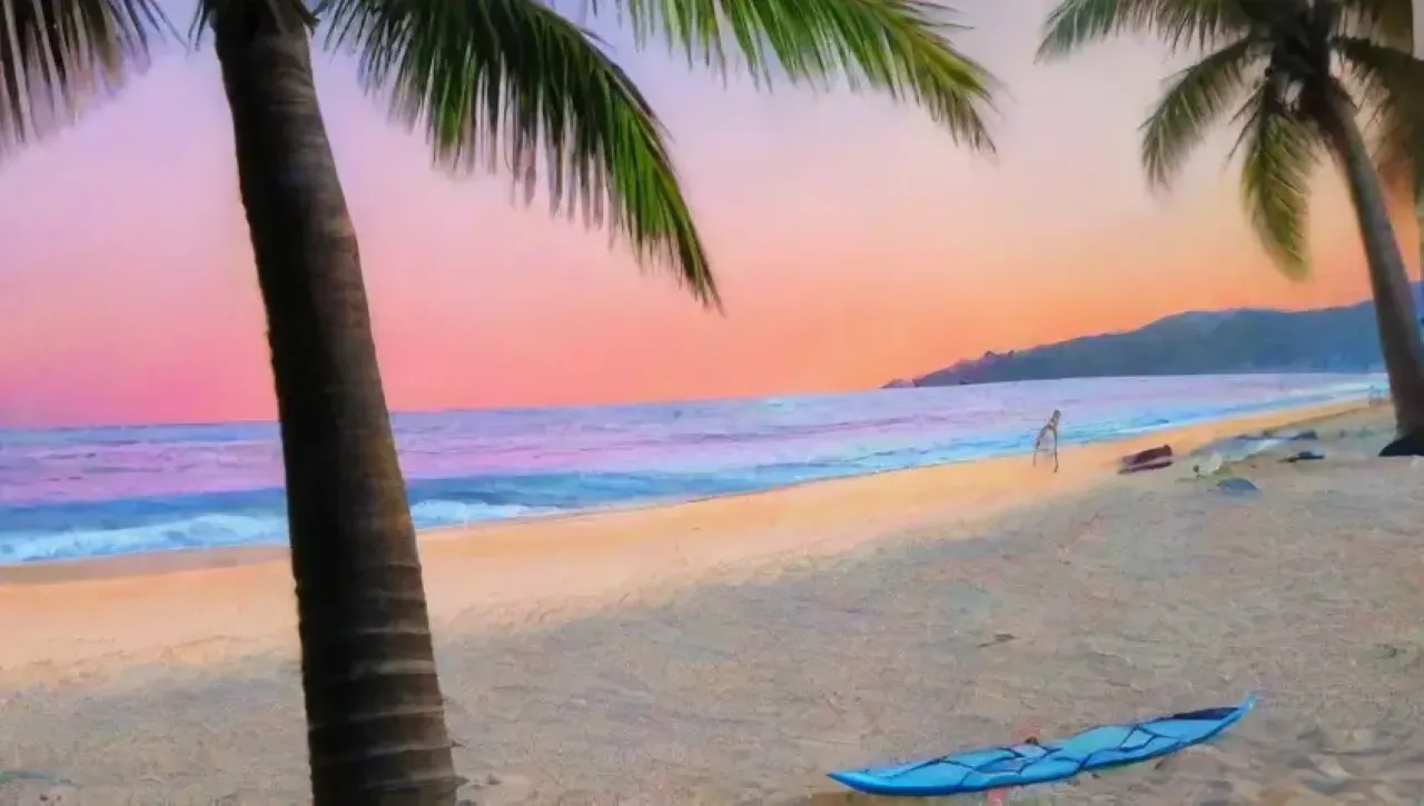 Un idílico día de playa con olas suaves, palmeras, un atardecer colorido y momentos de tranquilidad