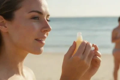 Persona que aplica protector solar y humectante a su piel sacudida al sol después de un día en la playa.