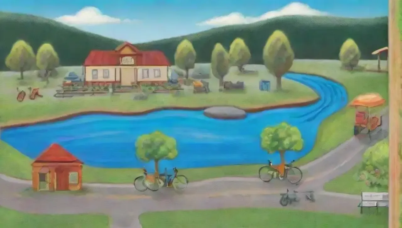 Un paisaje verde vibrante con bicicletas, un mercado de agricultores y actividades ecológicas