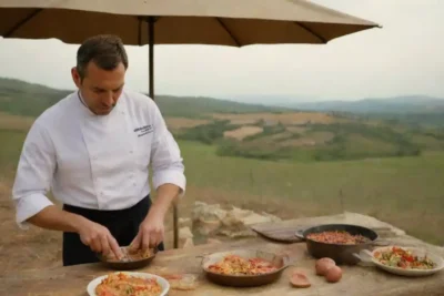 Un chef que prepara platos locales al aire libre en medio de un pintoresco paisaje español rural.