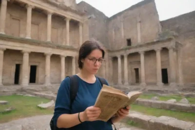 Viajero explorando una UNESCO Patrimonio de la Humanidad con guía en mano.