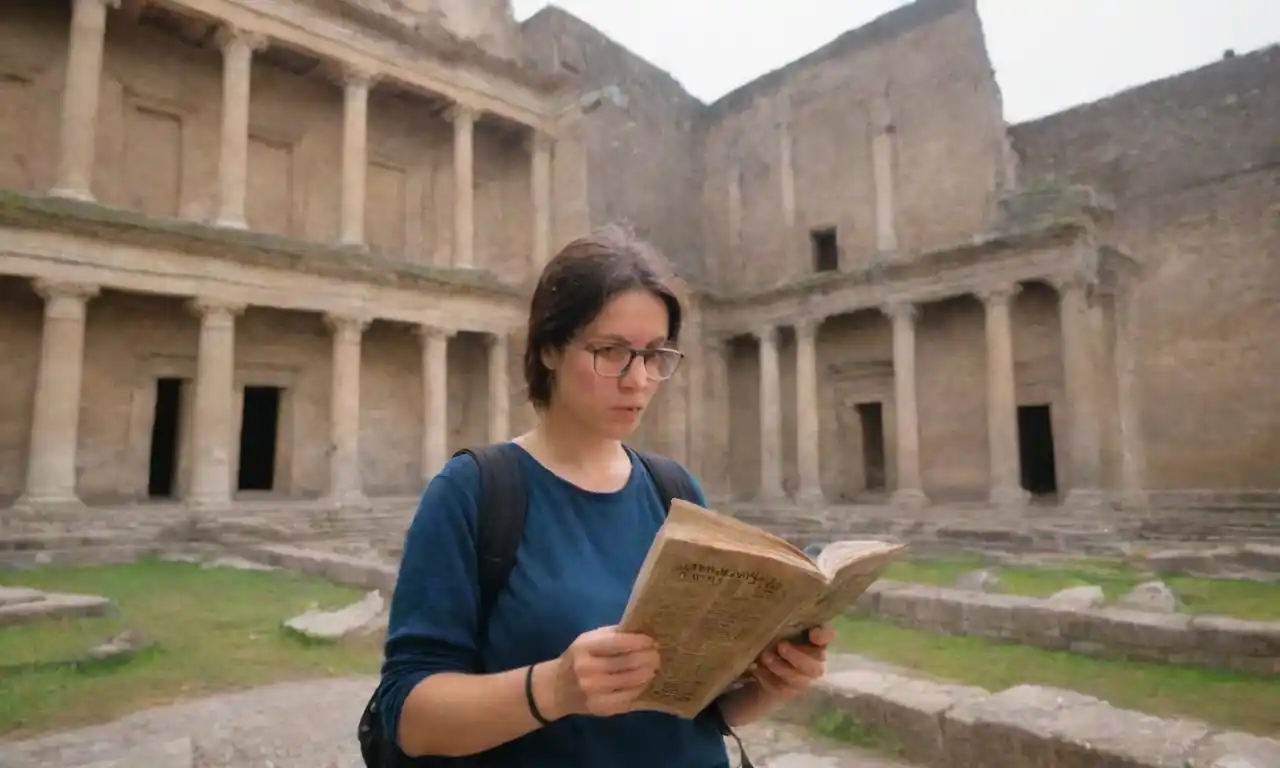 Viajero explorando una UNESCO Patrimonio de la Humanidad con guía en mano.