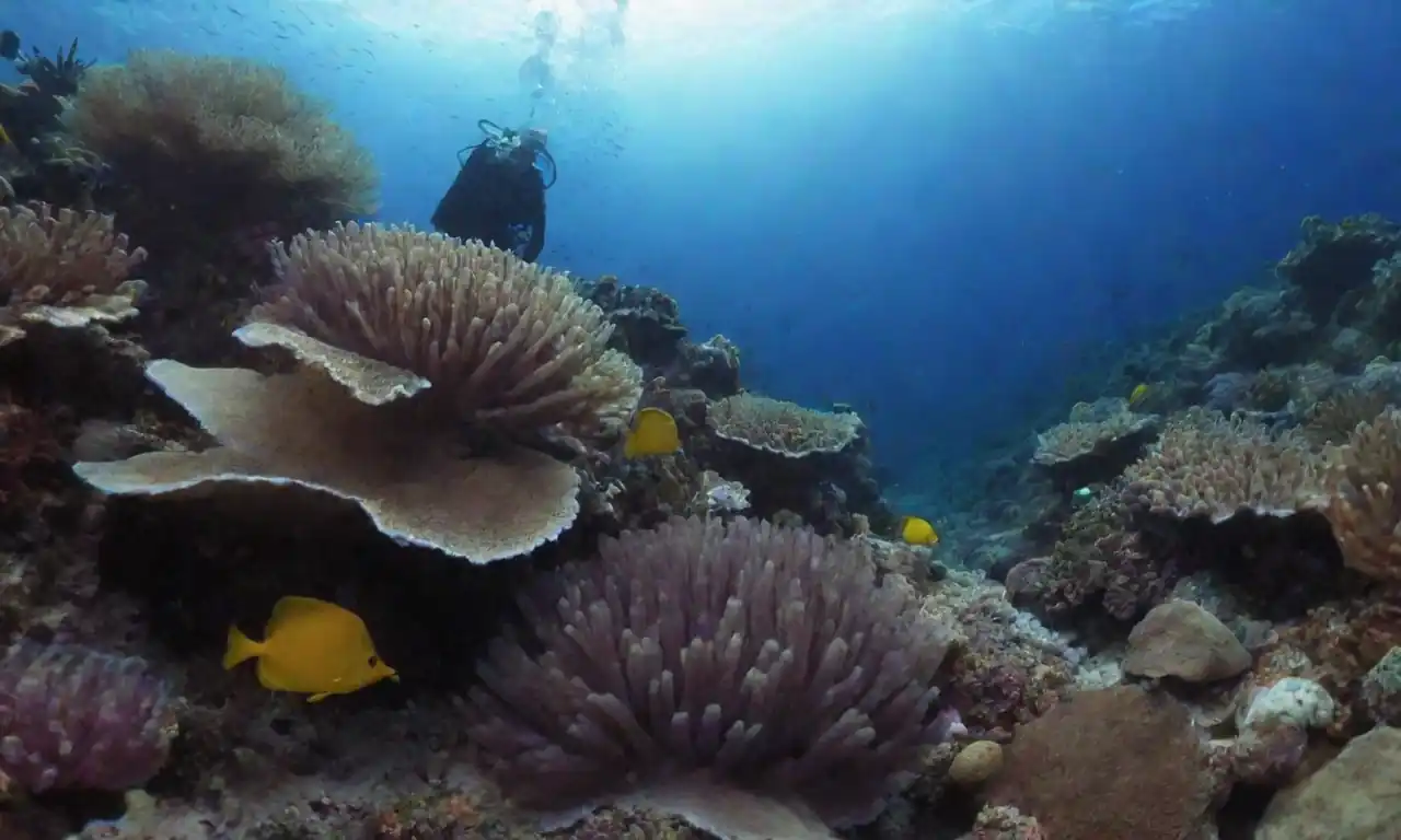 Diversos arrecifes de coral con vida marina colorida y un buceador que explora bajo el agua.