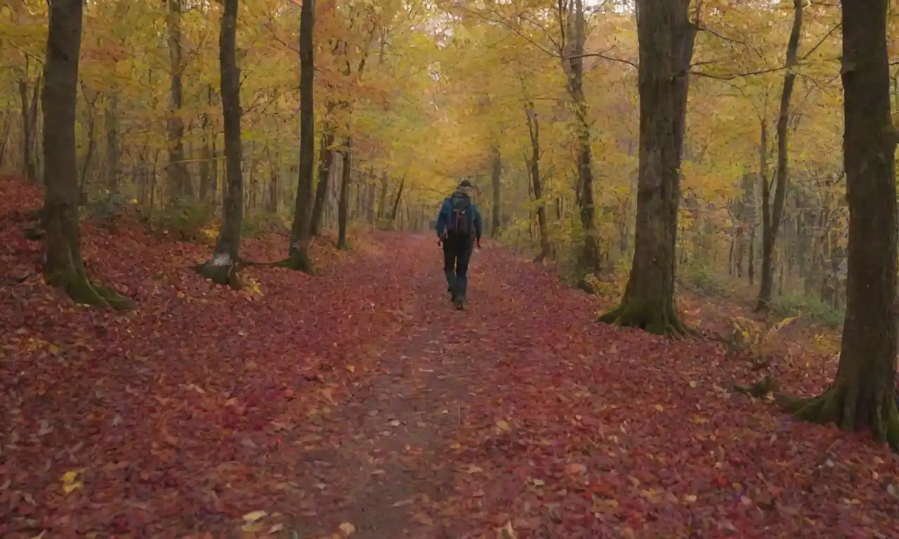 Person senderismo a través de colorido follaje de otoño en un sendero pintoresco.