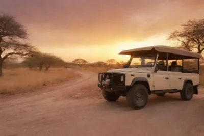 Un lujoso vehículo safari rodeado de fauna exótica bajo una puesta de sol vibrante.