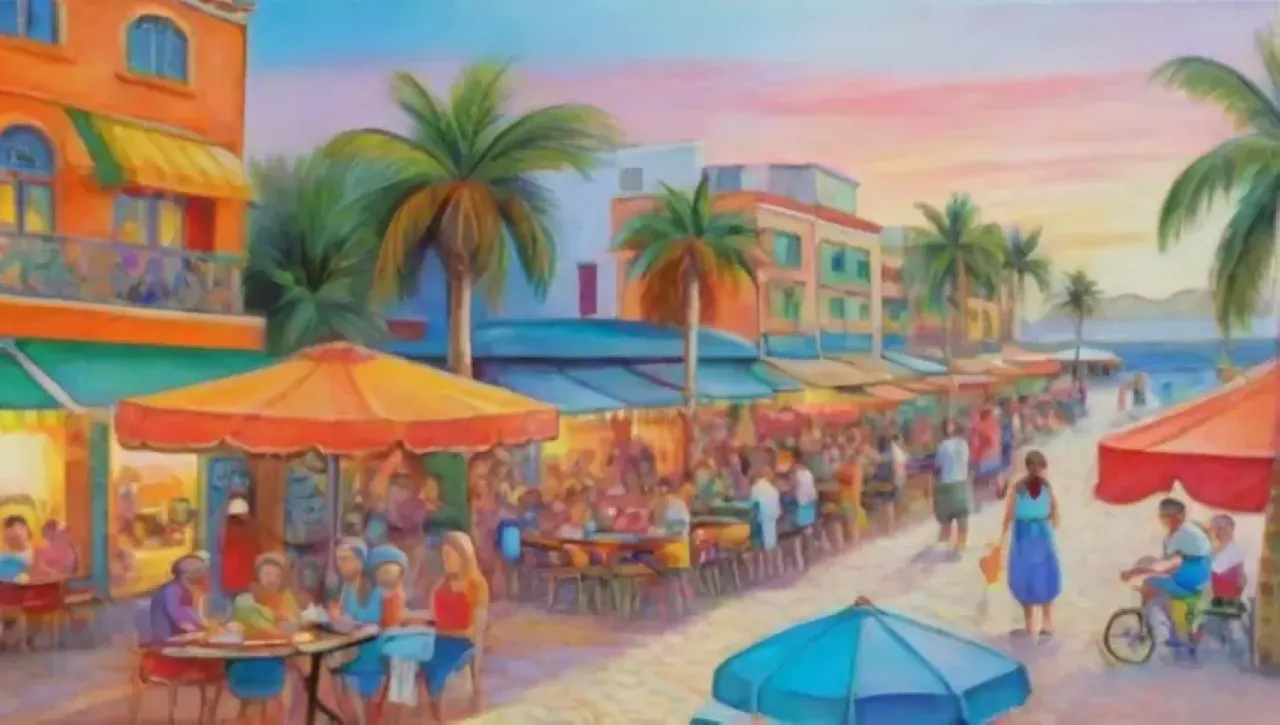 Playa tropical vibrante con familias felices, mercados locales y un ambiente acogedor