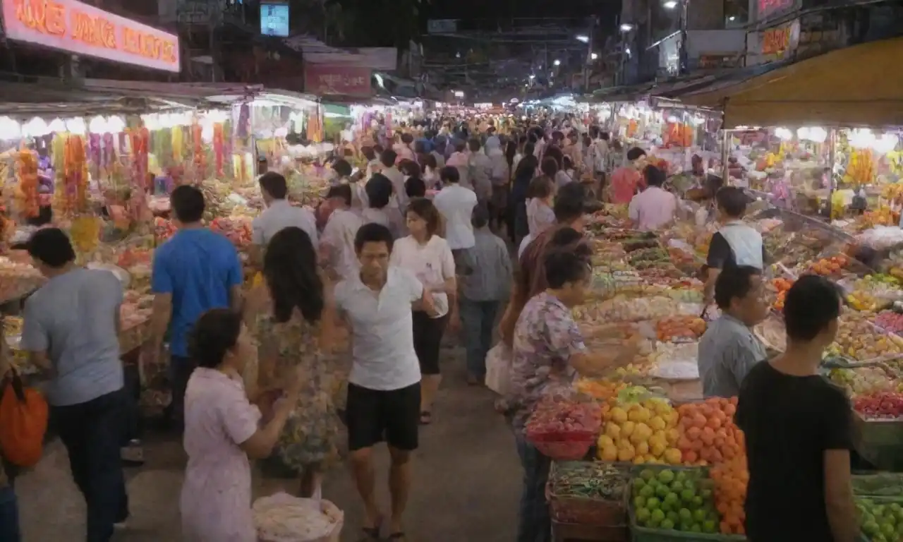 Vibrant market scene in Bangkok filled with colorful stalls