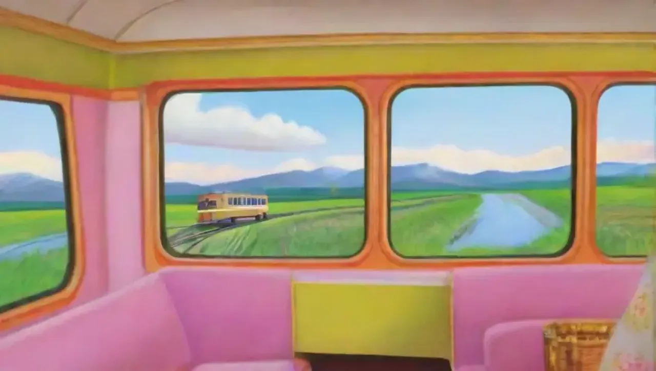 Un tren vibrante avanza por campos verdes, con pasajeros disfrutando del paisaje y una atmósfera acogedora