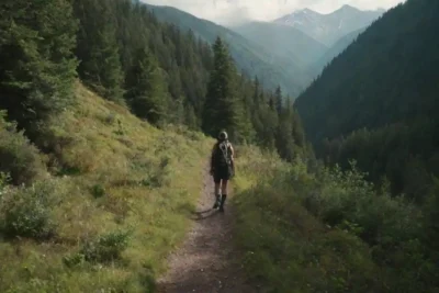 Hiker en un sendero pintoresco rodeado de frondosos bosques y montañas.