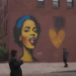 Arte callejero colorido y bulliciosa cultura local en un vibrante barrio Harlem.