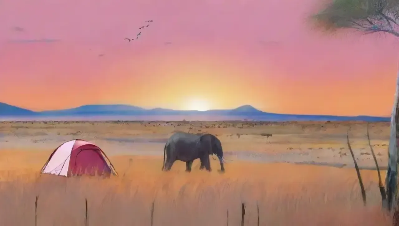 Un paisaje de sabana vibrante con elefantes, atardecer y naturaleza en calma