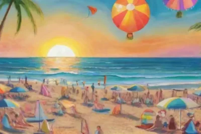Playa vibrante llena de risas