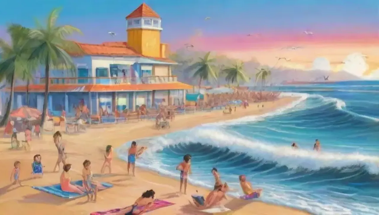 Una playa vibrante llena de vida, olas, risas y atardeceres