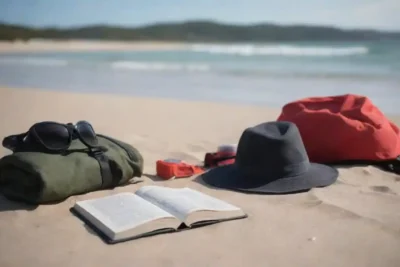 Una escena de playa serena con una persona disfrutando de un libro y equipo de aventura al aire libre cerca.