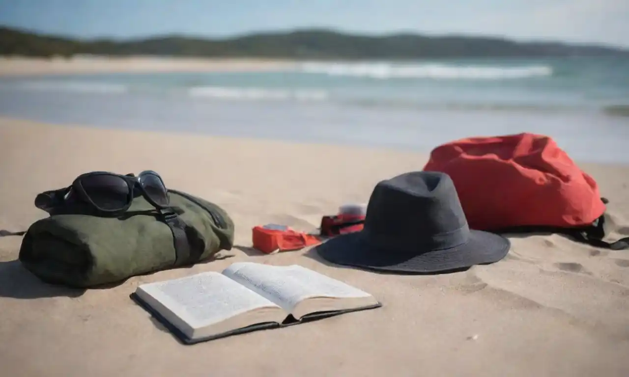 Una escena de playa serena con una persona disfrutando de un libro y equipo de aventura al aire libre cerca.