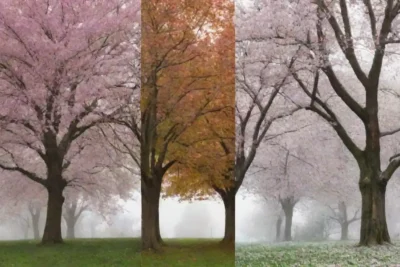 Cuatro árboles que representan cada temporada: flores de primavera