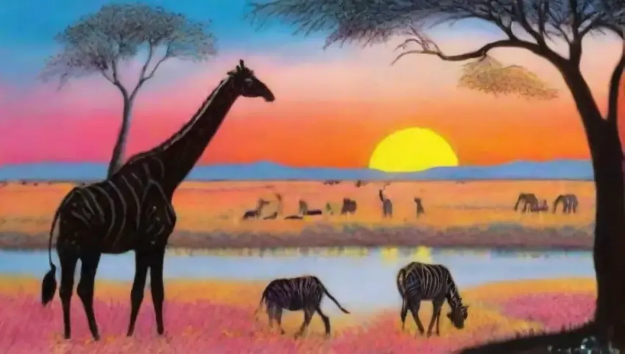 Una vasta sabana con elefantes, leones y jirafas se encuentra bajo un cielo estrellado