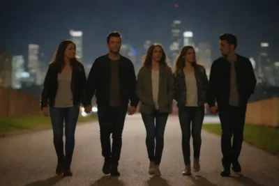 Grupo de amigos caminando por la noche