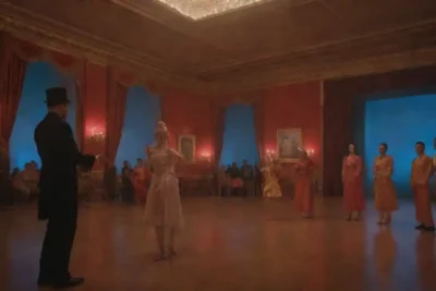 Una vibrante escena del museo con artistas que muestran magia en un contexto artístico.