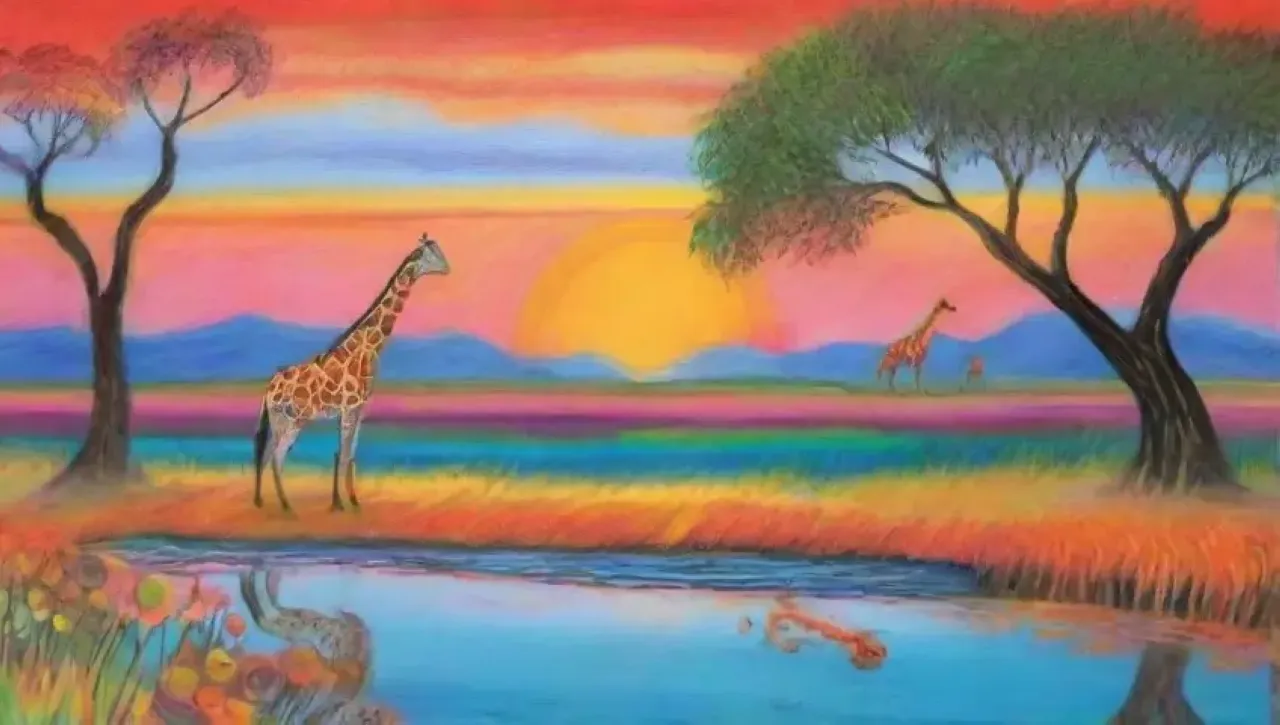 Una hermosa savana llena de vida y colores vibrantes se extiende bajo un cielo azul