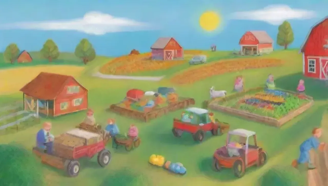 Un campo vibrante y alegre con niños jugando, animales, flores y una comunidad unida