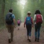 Los padres guían a los niños pequeños a lo largo de una ruta de senderismo segura y escénica con mochilas y aperitivos.