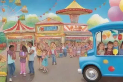Colores brillantes y escenas familiares festivas en un parque de atracciones lleno de descuentos y diversión
