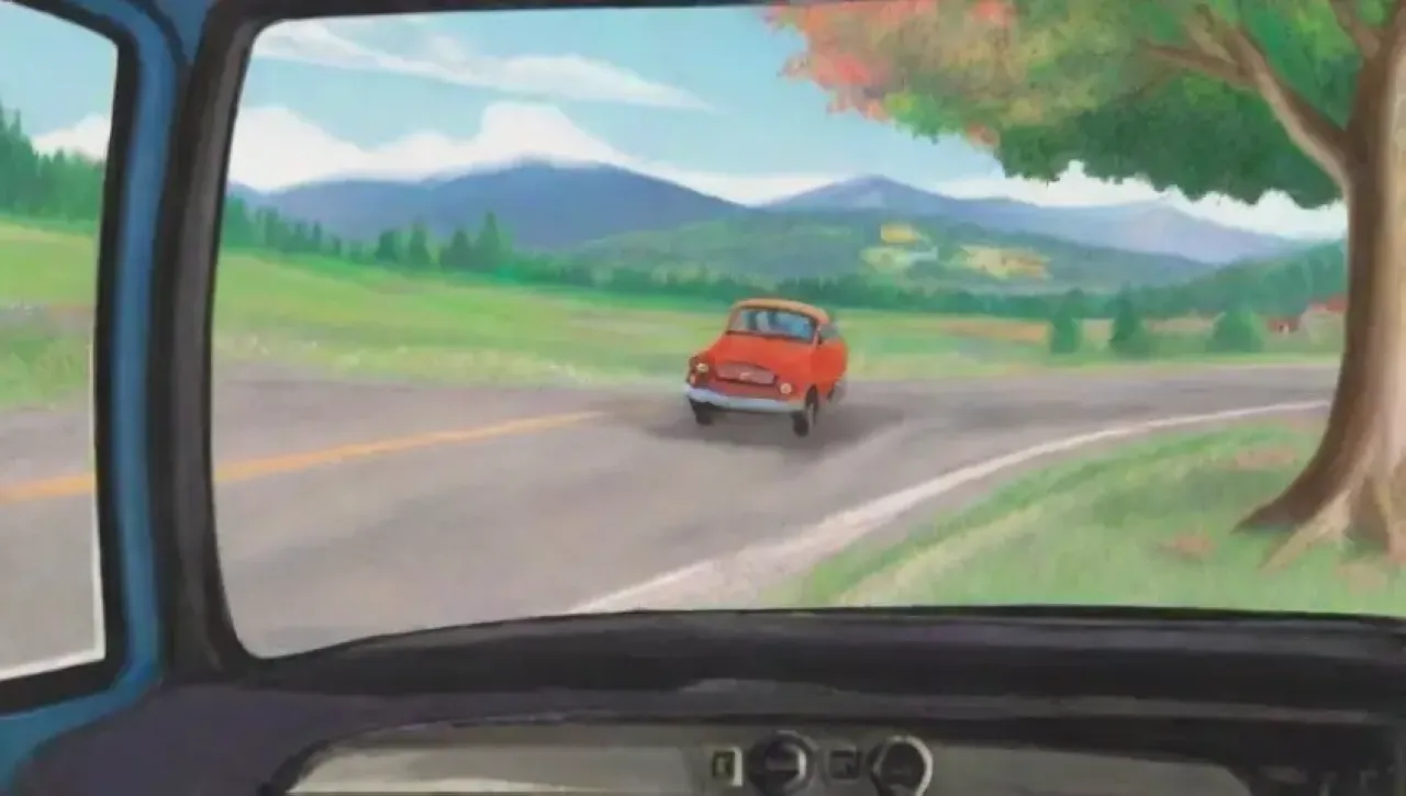 Una escena vibrante de un viaje familiar en coche, llena de risas y aventura