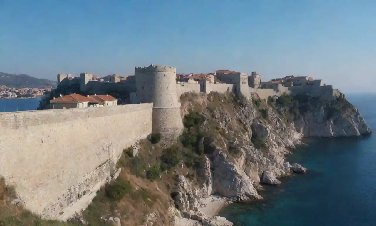 Una vista panorámica de las antiguas murallas de Dubrovnik contra un cielo azul claro, mostrando arquitectura histórica.