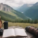 Un viajero escribiendo en un diario rodeado de paisajes de montaña y equipo de senderismo.