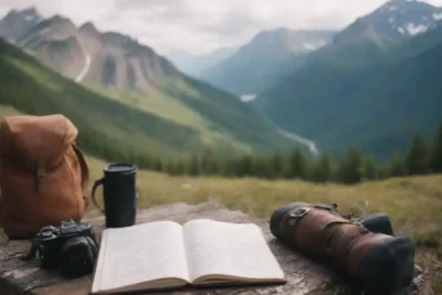 Un viajero escribiendo en un diario rodeado de paisajes de montaña y equipo de senderismo.