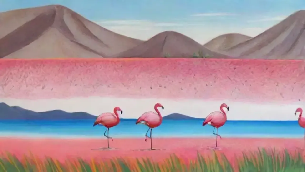 Un paisaje sereno de salinas, flamencos y montañas bajo un cielo azul