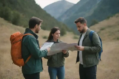 Grupo de excursionistas revisando mapas y equipos en un paisaje montañoso.