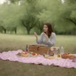Persona disfrutando de un picnic en un prado rodeado de árboles y naturaleza.
