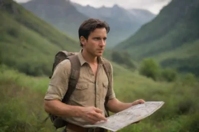 Explorador que sostiene un mapa en un paisaje exuberante y sin manchas con puntos de interés intrigantes.