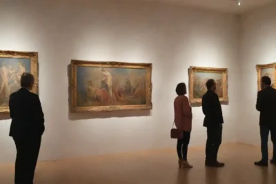Museo evaluadondo obras de arte con un comité de expertos en una sala de exposiciones.