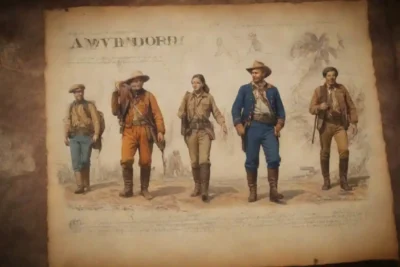 Ilustración de un documento histórico con exploradores y motivos de aventura que lo rodean.