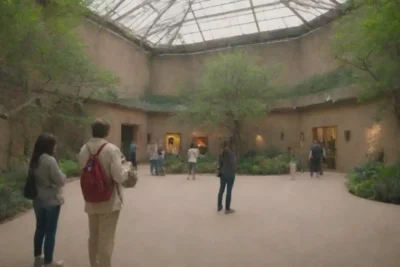 Visitantes que exploran exposiciones en un museo al aire libre