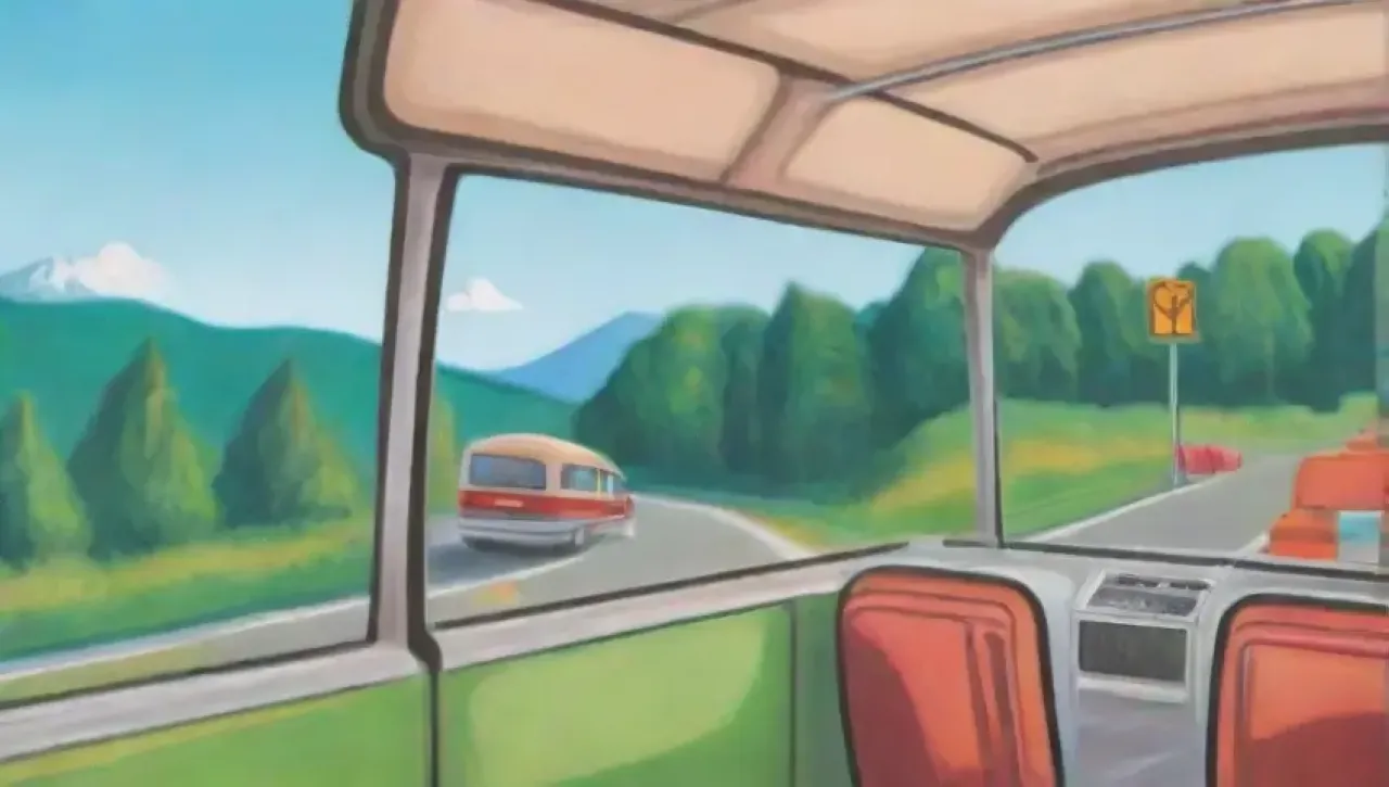 Un viaje en autobús colorido y acogedor, lleno de sonrisas y paisajes, que combina seguridad y comunidad