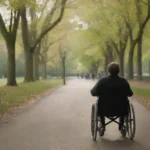 Persona en silla de ruedas navegando por un parque pintoresco con vías y comodidades accesibles.