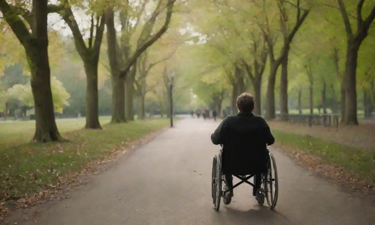 Persona en silla de ruedas navegando por un parque pintoresco con vías y comodidades accesibles.