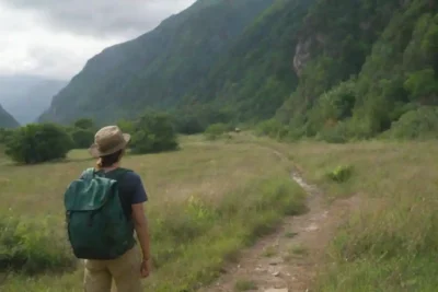 Un viajero disfrutando de la naturaleza mientras explora un paisaje sereno