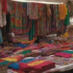 Un puesto de mercado que muestra ropa y accesorios mexicanos tradicionales de colores.