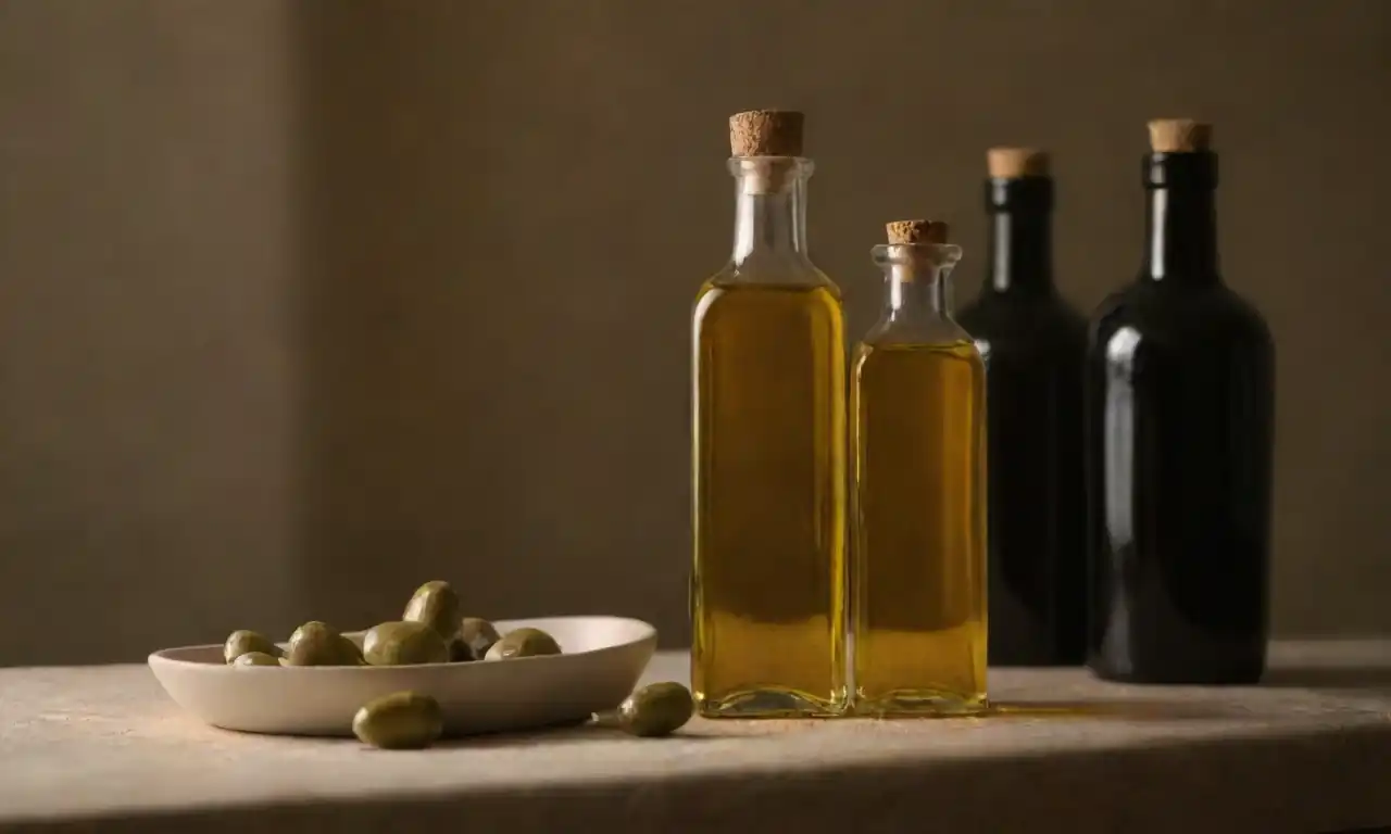 Mesa dispuesta con diferentes botellas de aceite de oliva