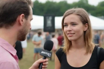 Entrevistador hablando con un artista detrás del escenario en un festival de música vibrante.