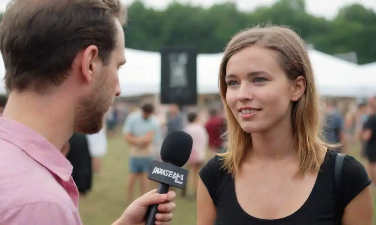 Entrevistador hablando con un artista detrás del escenario en un festival de música vibrante.