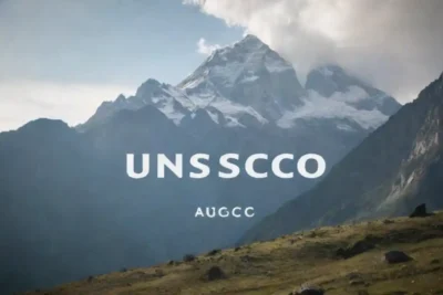 Un majestuoso paisaje montañoso con un logotipo del Patrimonio Mundial de la UNESCO.