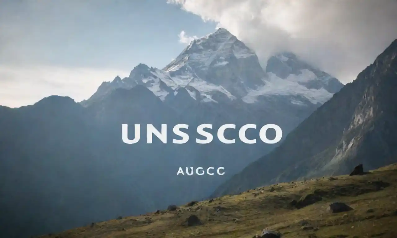 Un majestuoso paisaje montañoso con un logotipo del Patrimonio Mundial de la UNESCO.
