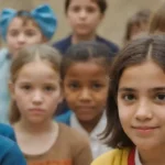 Logo de la UNESCO junto con diversos niños que participan en actividades educativas.