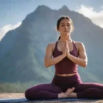 Una persona practicando yoga posa al aire libre con un fondo de montaña.